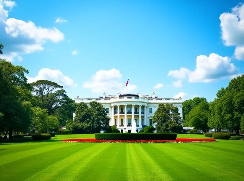 A wide shot of the White House with a bright blue sky in the background.