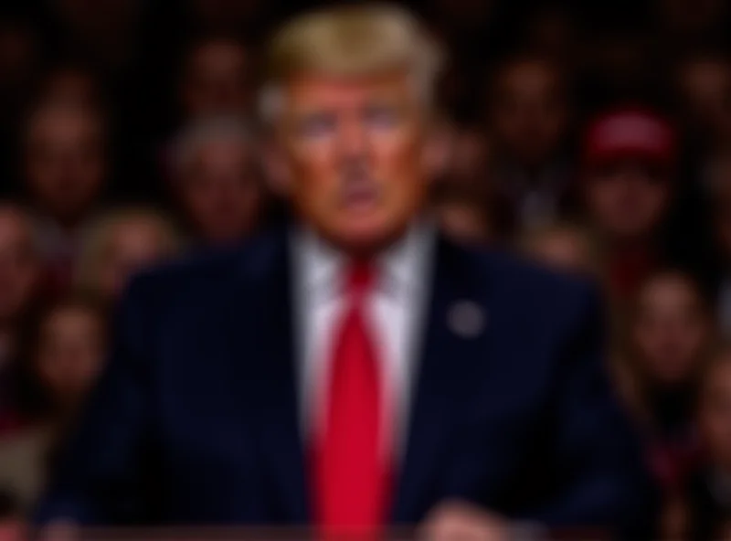 Donald Trump speaking at a podium with a serious expression.