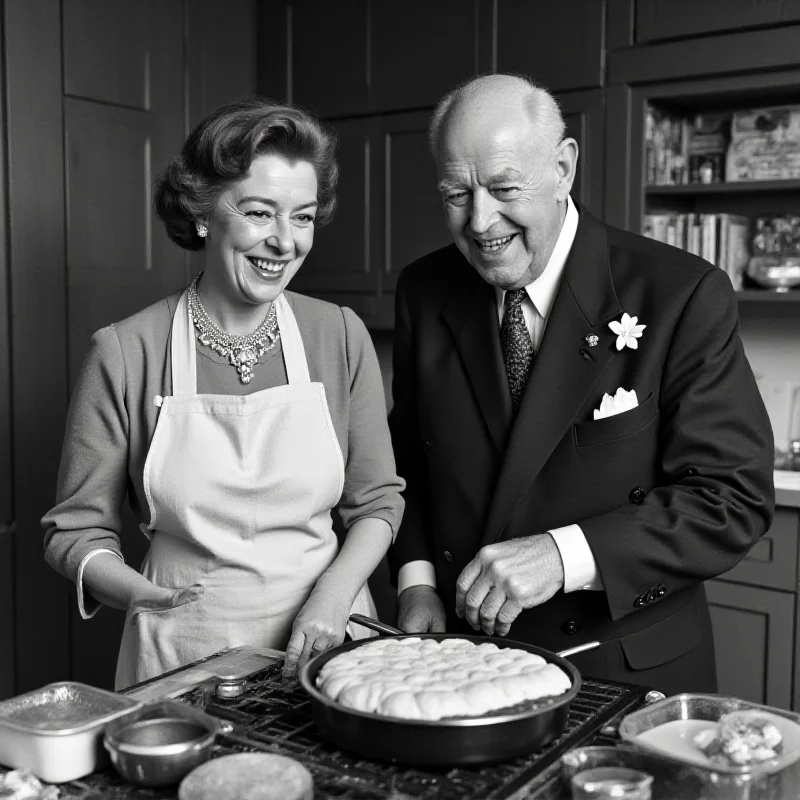 A black and white photograph of Queen Elizabeth II cooking drop scones with President Eisenhower