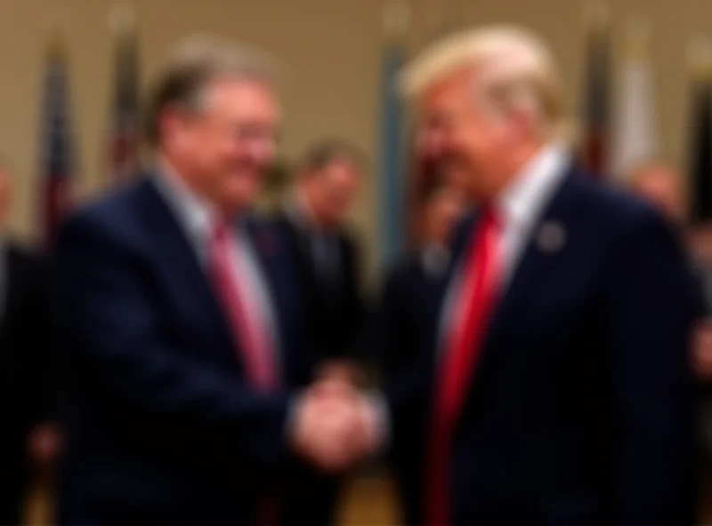 Donald Trump and Viktor Orban shaking hands in a formal setting, both smiling.