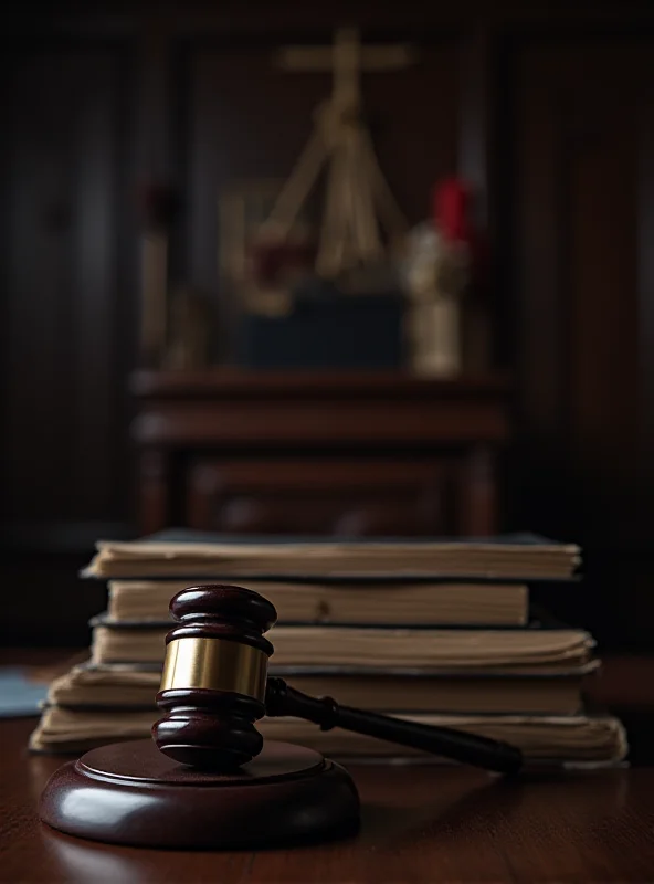 A courtroom setting with a gavel and law books in the foreground, symbolizing the legal challenge to Trump's policies.