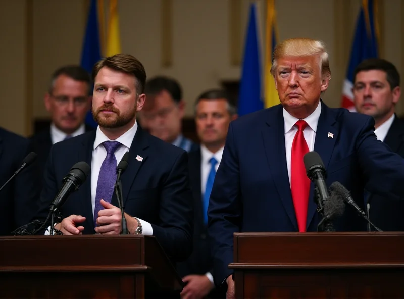 Volodymyr Zelenskyy and Donald Trump standing at podiums giving press conference.