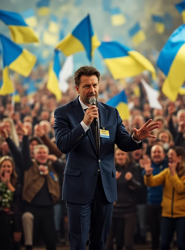 Image of Volodymyr Zelenskyy addressing a crowd of supporters in Ukraine.