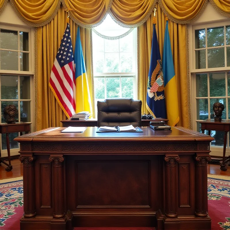 Image of the White House Oval Office with the American and Ukrainian flags displayed.