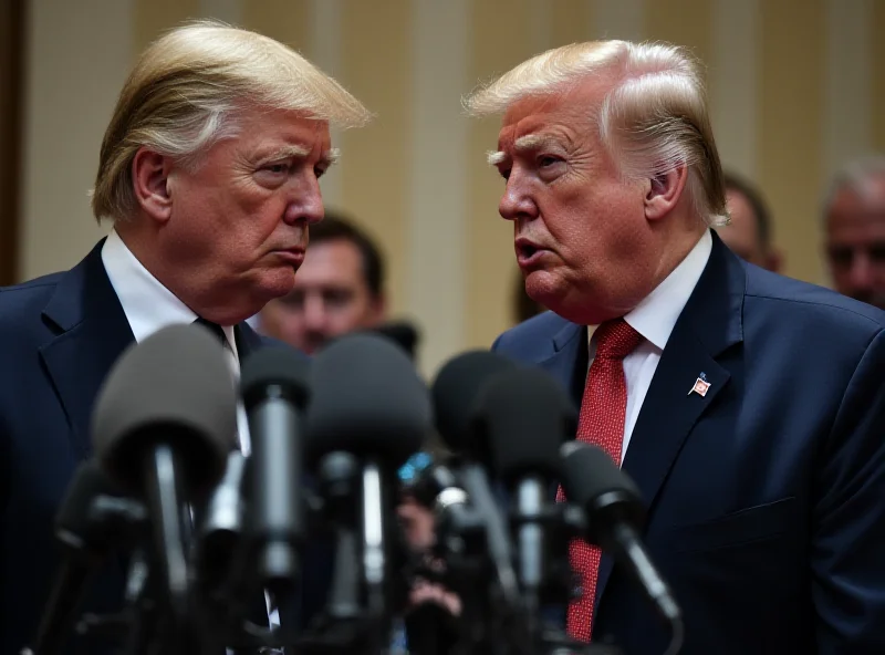 Donald Trump and Volodymyr Zelenskyy standing apart during a press conference, looking tense and displeased, with a row of microphones in front of them.