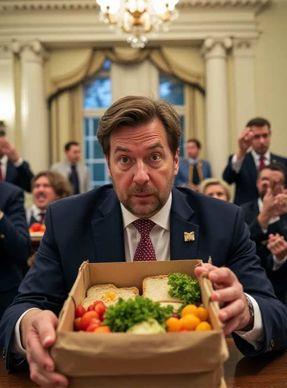 Volodymyr Zelenskyy looking surprised and holding an empty lunch bag in the White House. White House staff members are visible in the background, eating sandwiches and salads.