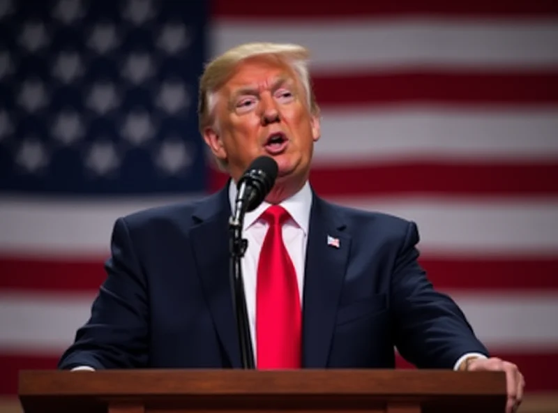 Donald Trump speaking at a podium with an American flag behind him.