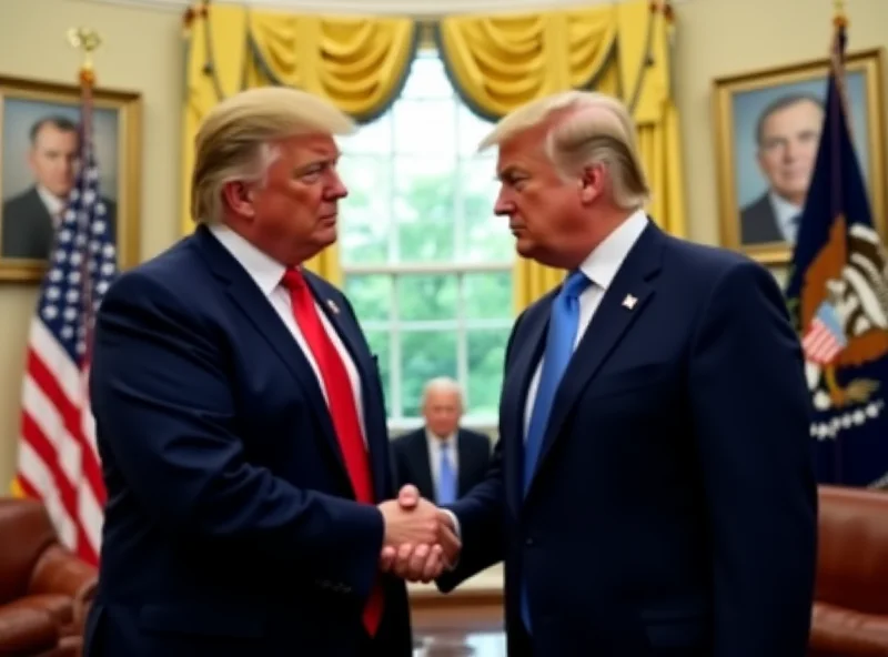 Donald Trump and Volodymyr Zelenskyy shaking hands awkwardly in the Oval Office