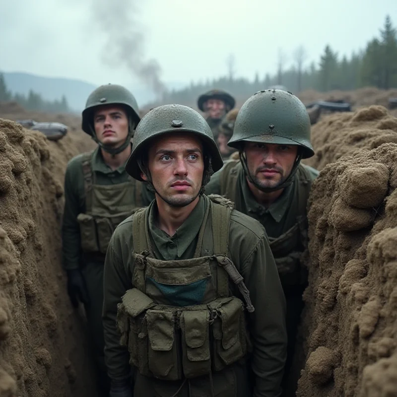 A group of Ukrainian soldiers in a trench, looking determined and weary.