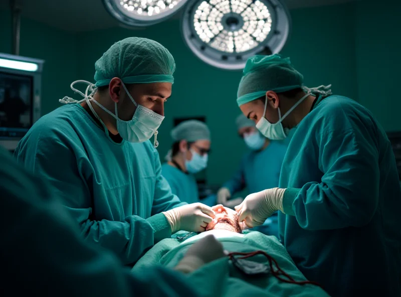 A Ukrainian surgeon in an underground hospital operating on a Russian prisoner of war, with other medical staff assisting.