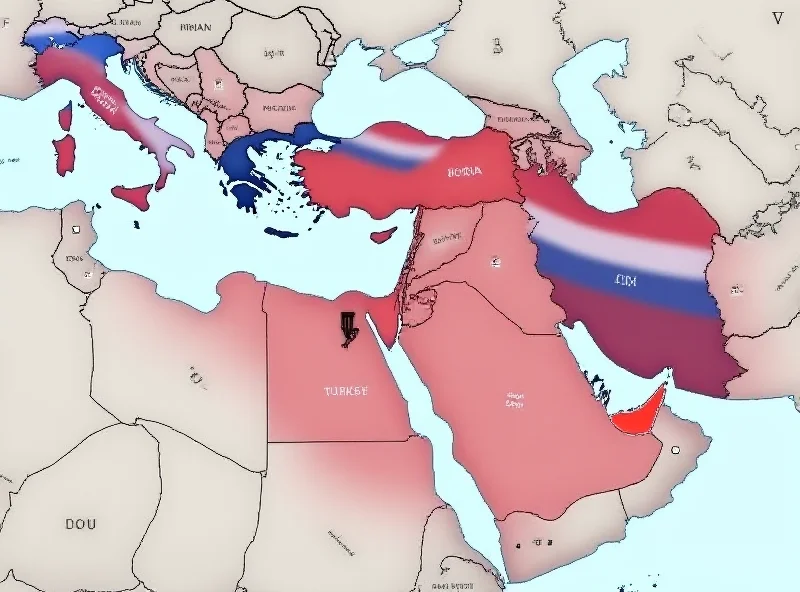 A map of the Middle East with Russian flags subtly overlaid, indicating growing influence.