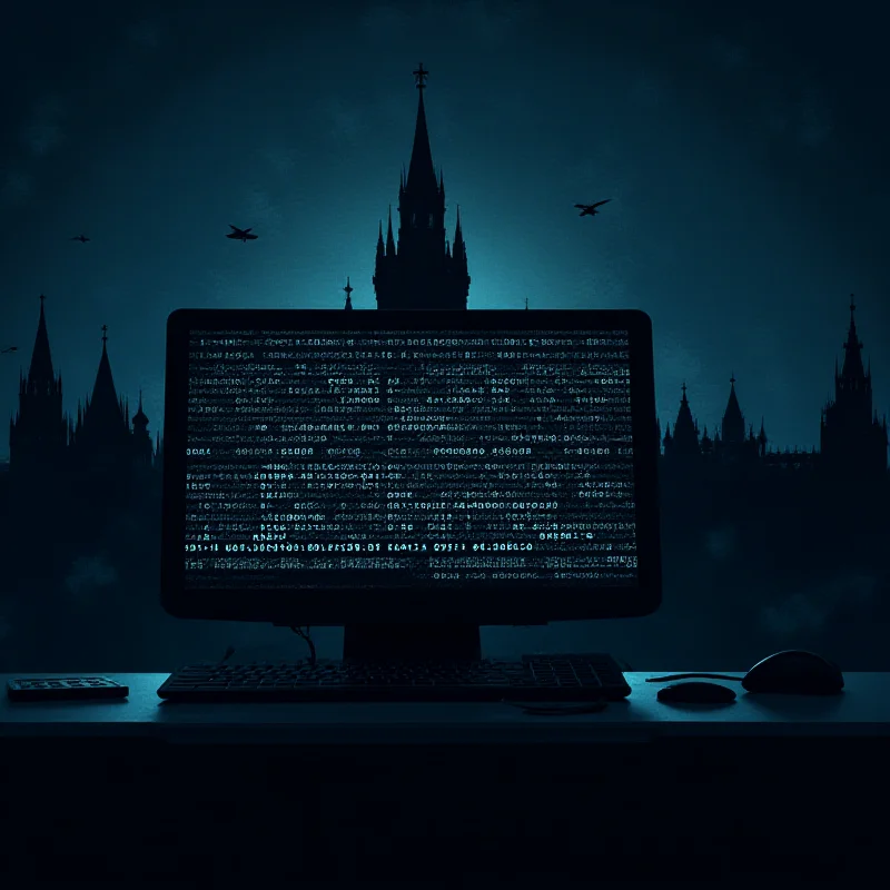 A digital illustration of a computer screen with binary code and a silhouette of a Russian building