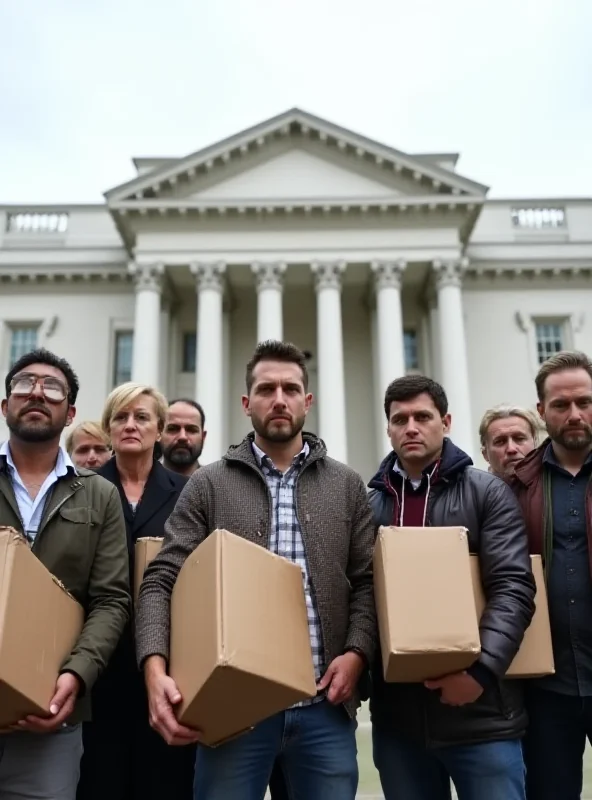 A group of unemployed federal workers standing outside a government building, looking concerned.