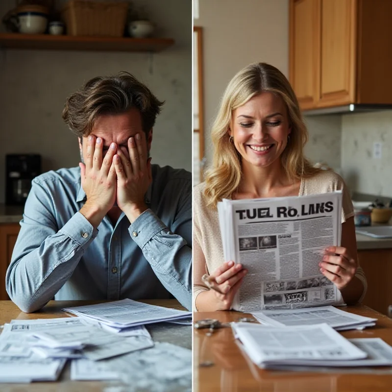 A split image showing a worried federal worker on one side and a smiling family member cheering on government cuts on the other.