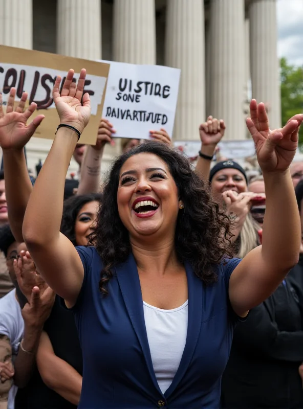 A group of USDA workers celebrating a court victory, holding signs that say 'Justice' and 'Reinstatement'.