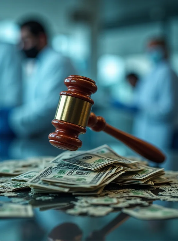 A gavel striking down on a pile of money, symbolizing the blocking of funding cuts. The background is a blurred image of a medical research lab.