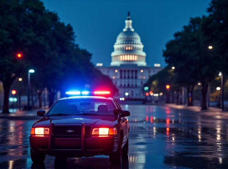 A police car with flashing lights parked near the US Capitol building at night, symbolizing the DUI arrest.