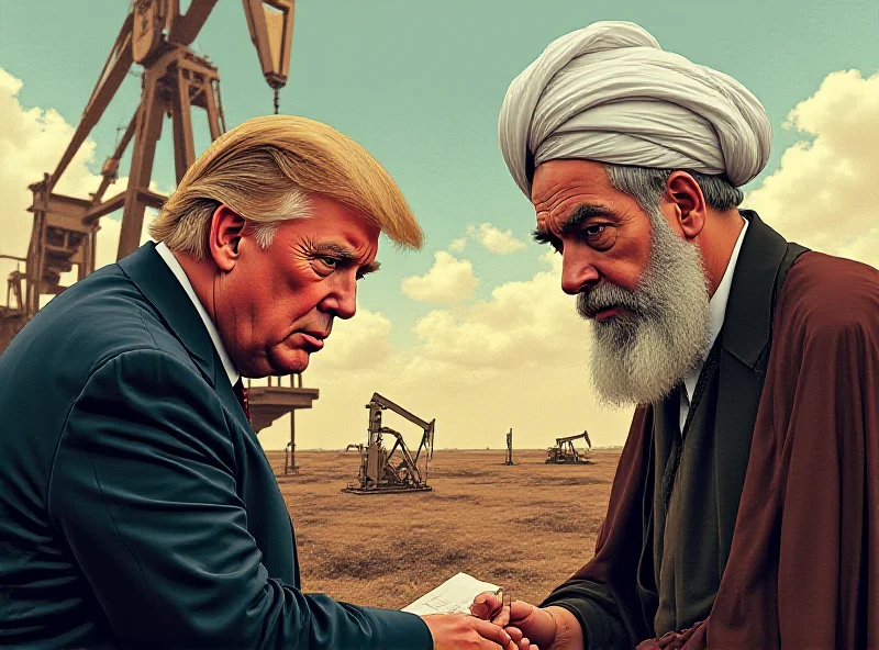 Illustration of Donald Trump handing a letter to a turbaned Iranian leader, with a backdrop of oil fields and military hardware.