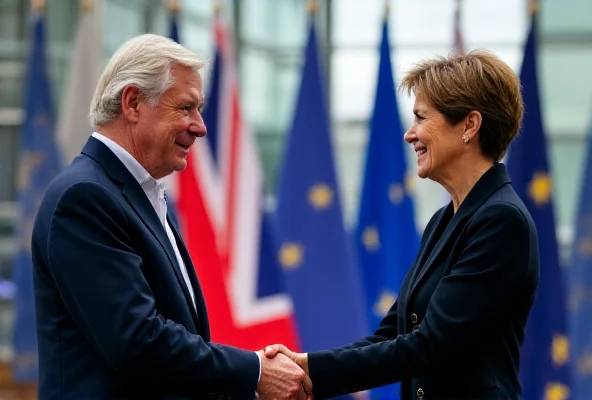 Keir Starmer shaking hands with Ursula von der Leyen in front of EU and UK flags.