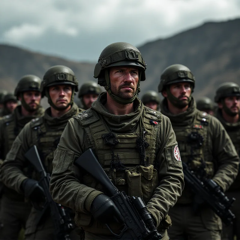 A group of NATO soldiers standing in formation during a military exercise, looking determined and focused.