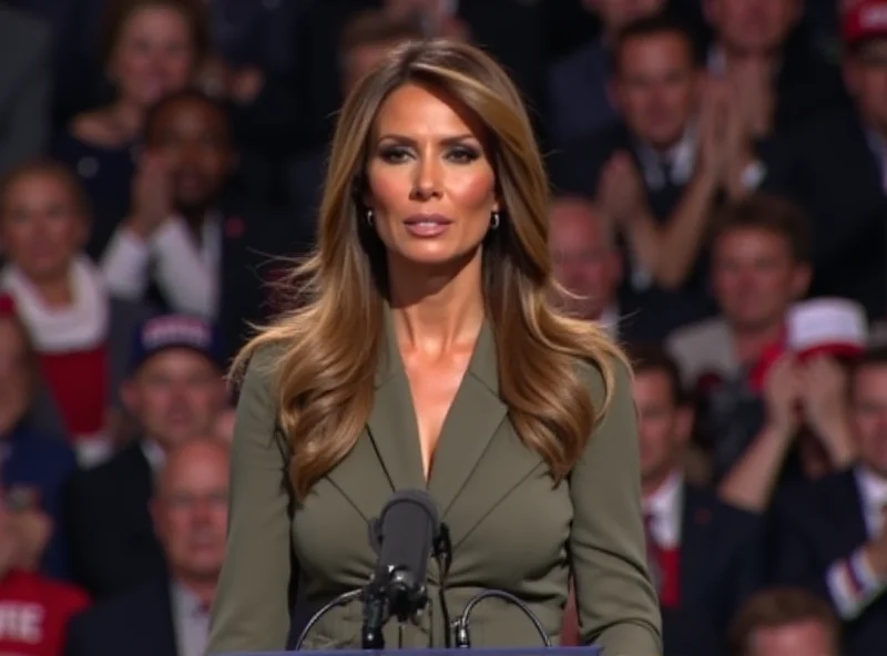 Melania Trump at a rally, looking slightly concerned, wearing a formal dress.