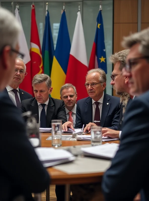 A group of European far-right politicians at a conference, looking serious and engaged in discussion.