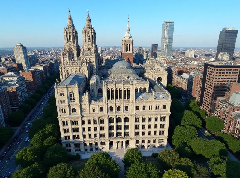 Aerial view of Columbia University campus in New York City, focusing on the iconic Low Library building.