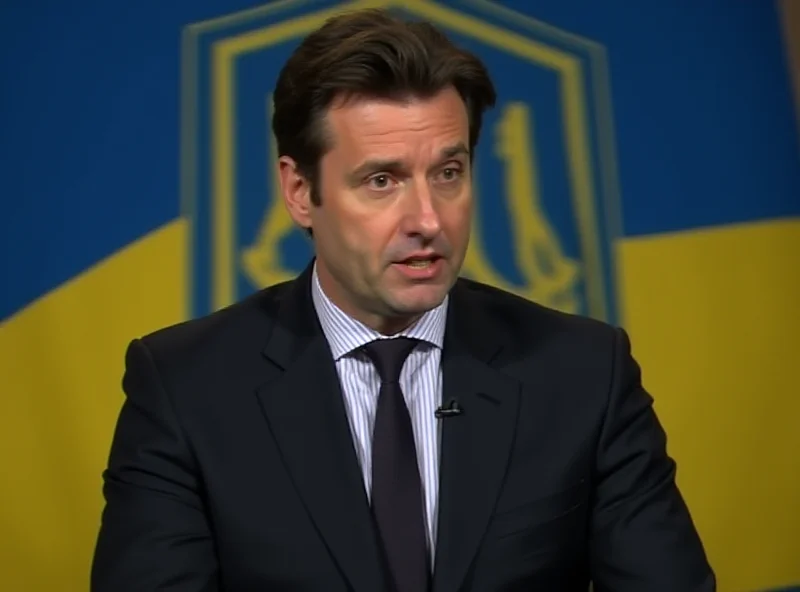 Volodymyr Zelensky speaking at a press conference with the Ukrainian flag in the background.