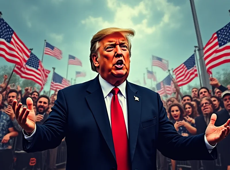 Illustration of Donald Trump addressing a crowd with selectively chosen media present, excluding independent journalists. The scene is set against a backdrop of American flags and a slightly ominous sky.