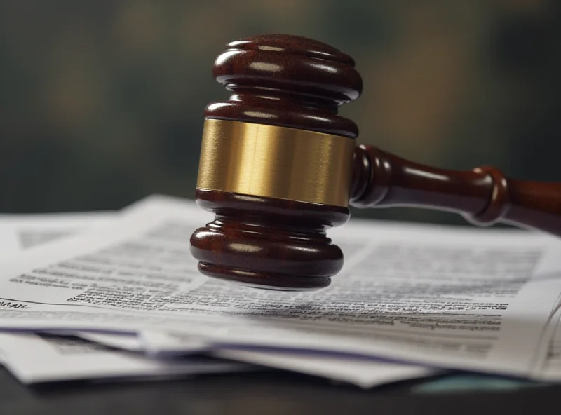 A gavel slamming down on a pile of documents, symbolizing legal action and the suspension of security clearances. The background is blurred, suggesting the complexities and uncertainties surrounding the issue.