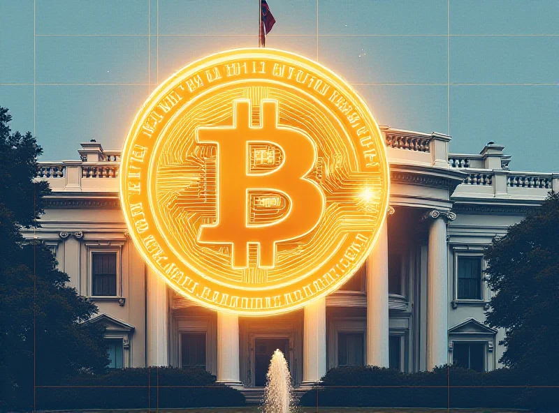 Illustration of a digital bitcoin coin superimposed on the White House, symbolizing the Strategic Bitcoin Reserve.