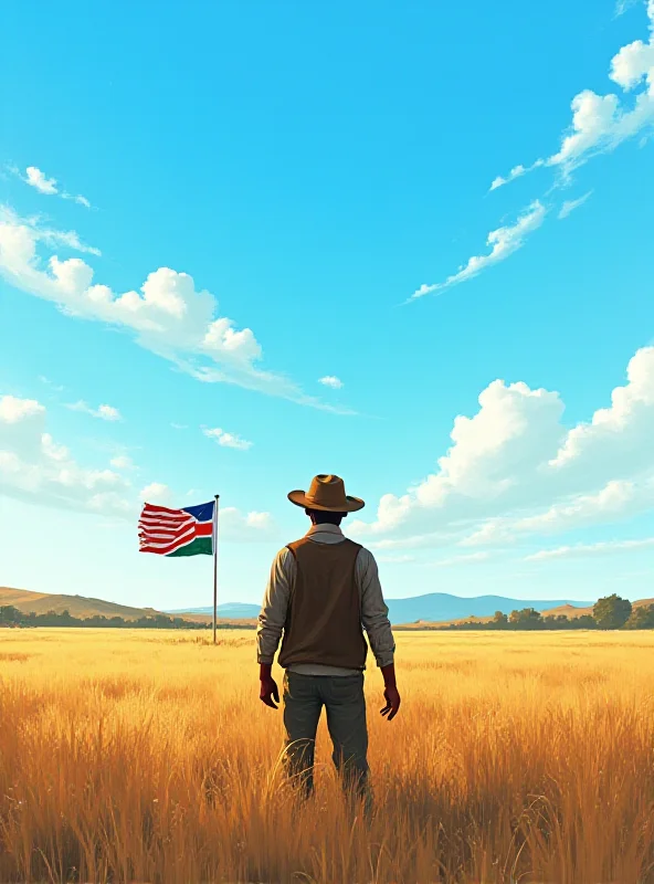 Digital illustration of a South African farmer looking towards the American flag.