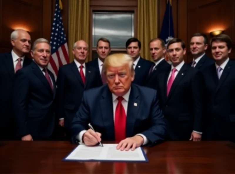 Donald Trump signing a document at a desk with business leaders in the background.