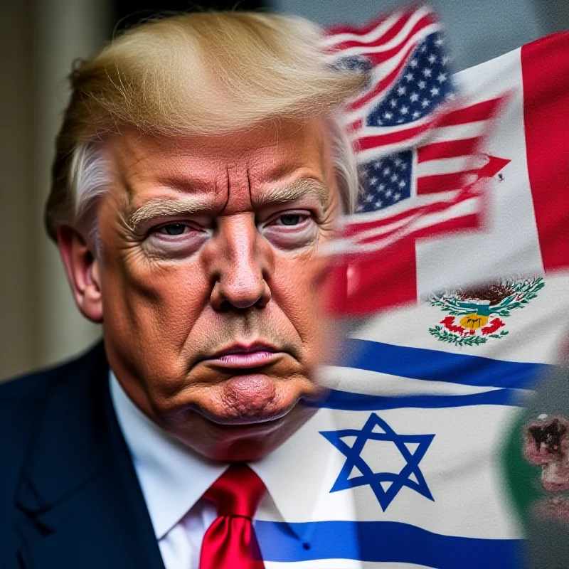 A split image showing Donald Trump on one side and a collage of international flags representing various countries affected by his policies on the other side.