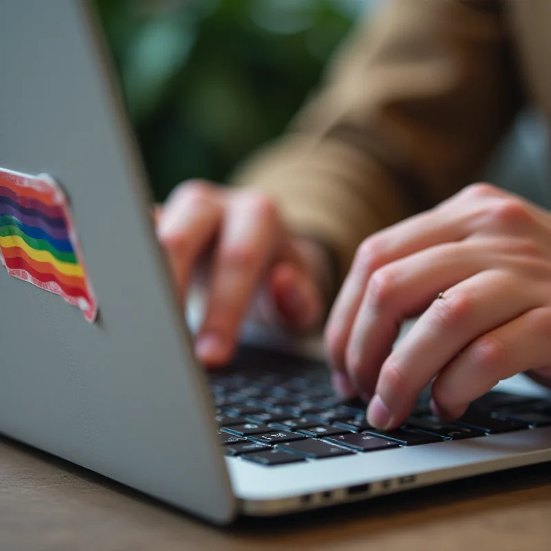 A person typing on a laptop with a rainbow flag sticker. The focus is on the hands and keyboard.