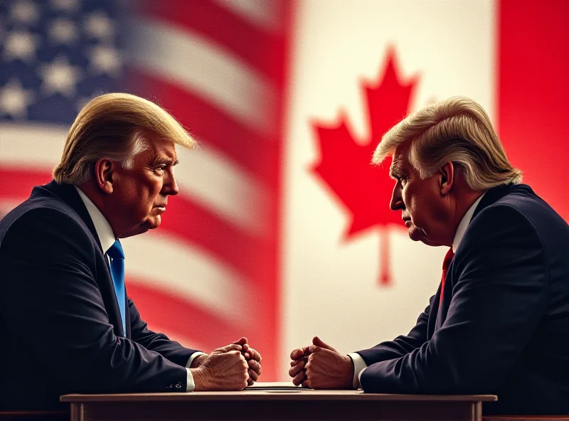 Illustration of a tense meeting between Justin Trudeau and Donald Trump, symbolizing the trade war.