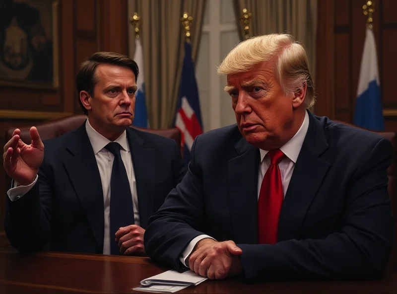 A digital painting of Emmanuel Macron subtly influencing Donald Trump, with Vladimir Zelensky in the background, representing the averted meeting cancellation.