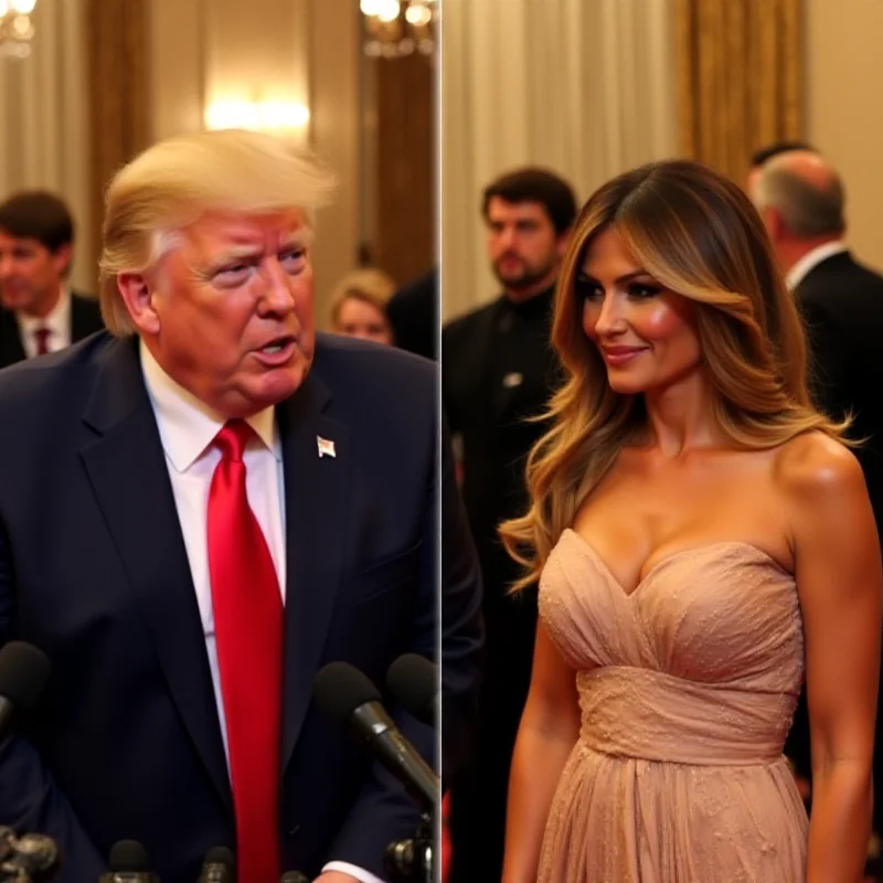 Split image of Donald Trump giving a speech and Melania Trump at a gala.