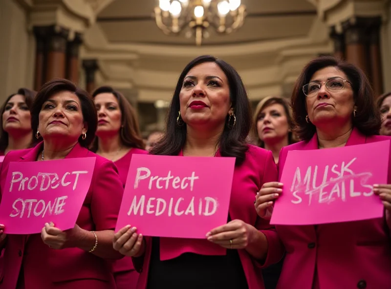 Democratic Congresswomen wearing pink and holding protest signs during Trump's address to Congress.