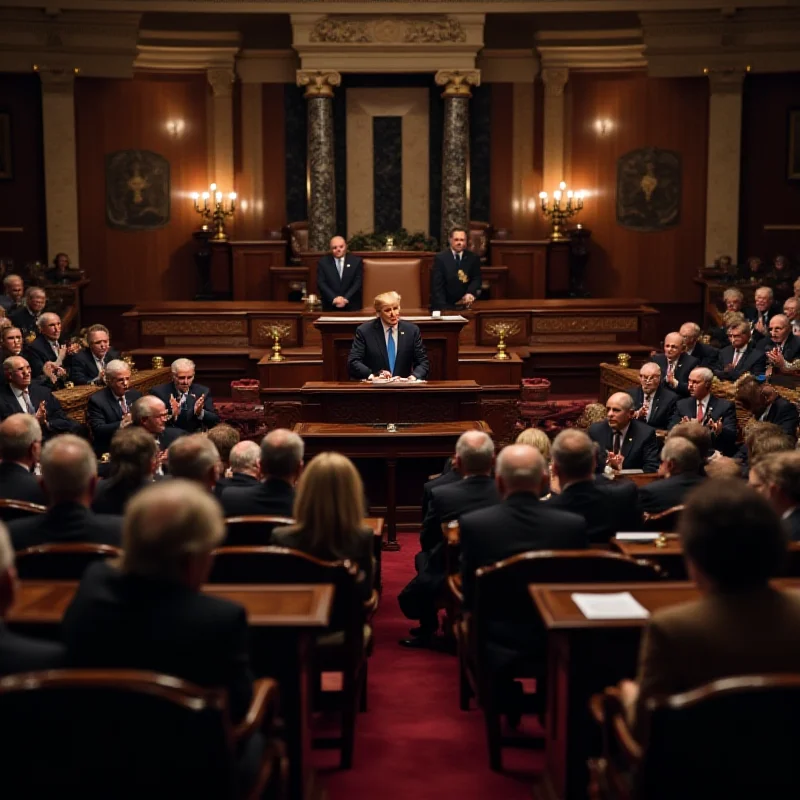 A wide shot of the U.S. Congress during a presidential address, showing members of both parties seated with varying expressions of approval and disapproval.