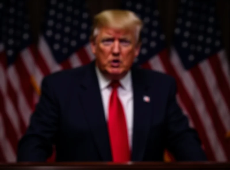 Donald Trump giving a speech at a podium, American flags in the background, serious expression.