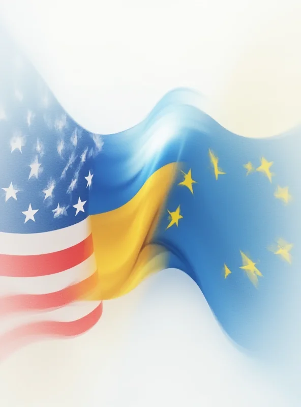 A digital illustration depicting the flags of the United States, Ukraine, and the European Union intertwined, symbolizing mediation and communication.