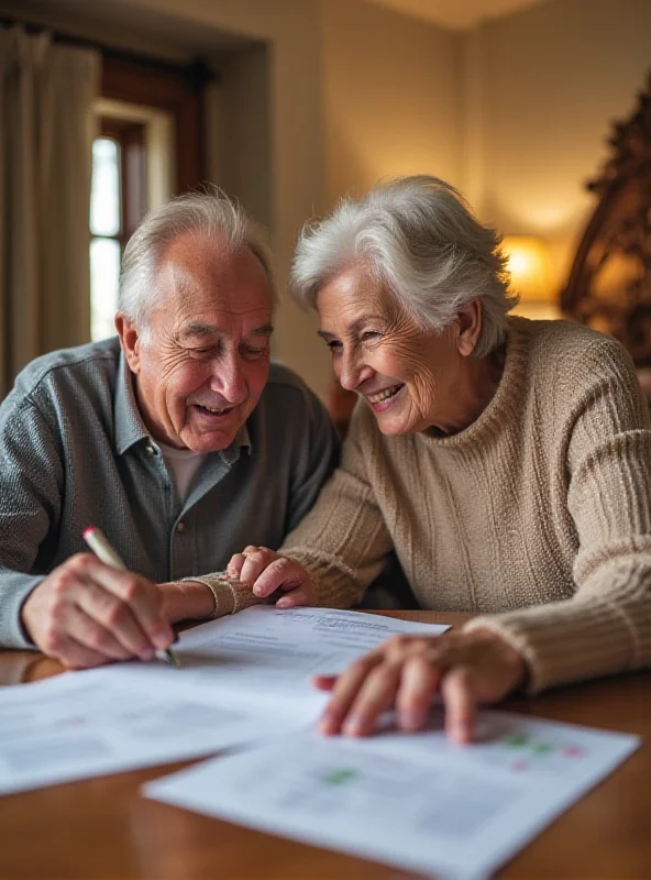 A senior couple smiling while reviewing their finances.