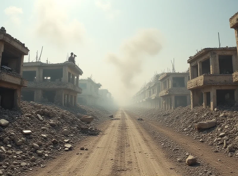 Scene of destruction in Gaza after conflict, with smoke and damaged buildings.