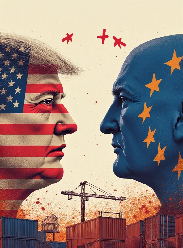 Conceptual image of trade war between the United States and Europe, with flags and tariff symbols.