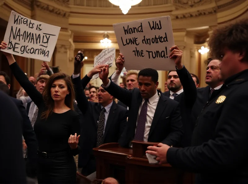 Scene of a protest during a Congressional address, with signs being held up