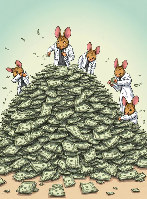 An illustration depicting a pile of money being wasted, with mice wearing lab coats in the background.