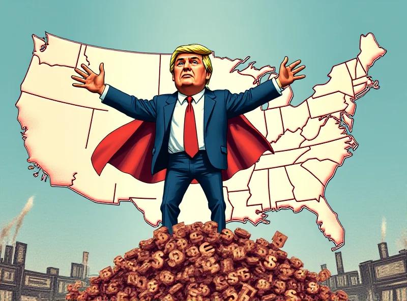 A political cartoon depicting Trump standing on a pile of tariffs, looking confident.