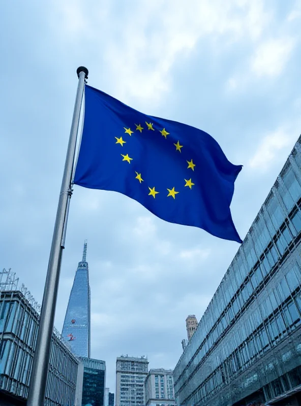 European Union flag waving in front of modern buildings, symbolizing financial power