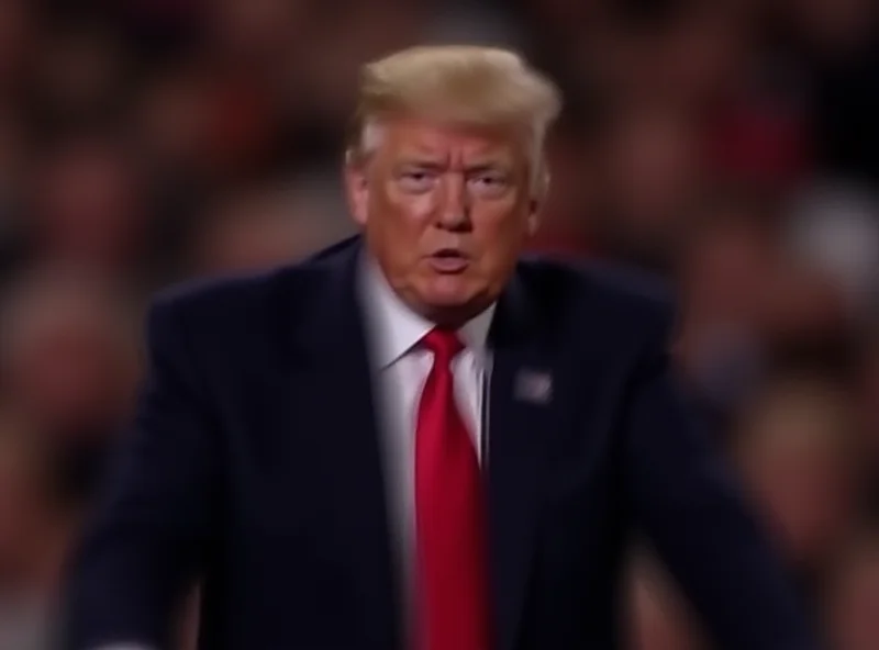 Donald Trump speaking at a podium, addressing a crowd with a serious expression